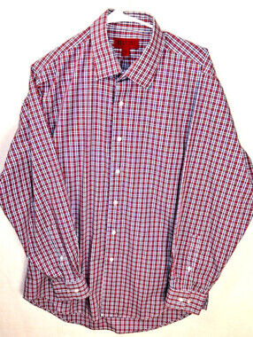 EUC Bergamo Shirt Mens Blue Red Plaid Fitted Long Sleeve L 16-16 1/2 34/35